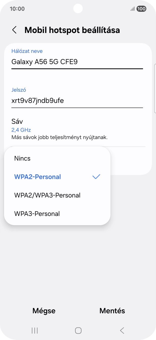 Válaszd a WPA3-Personal lehetőséget, ha jelszóval szeretnéd védeni a Wi-Fi hotspotodat.