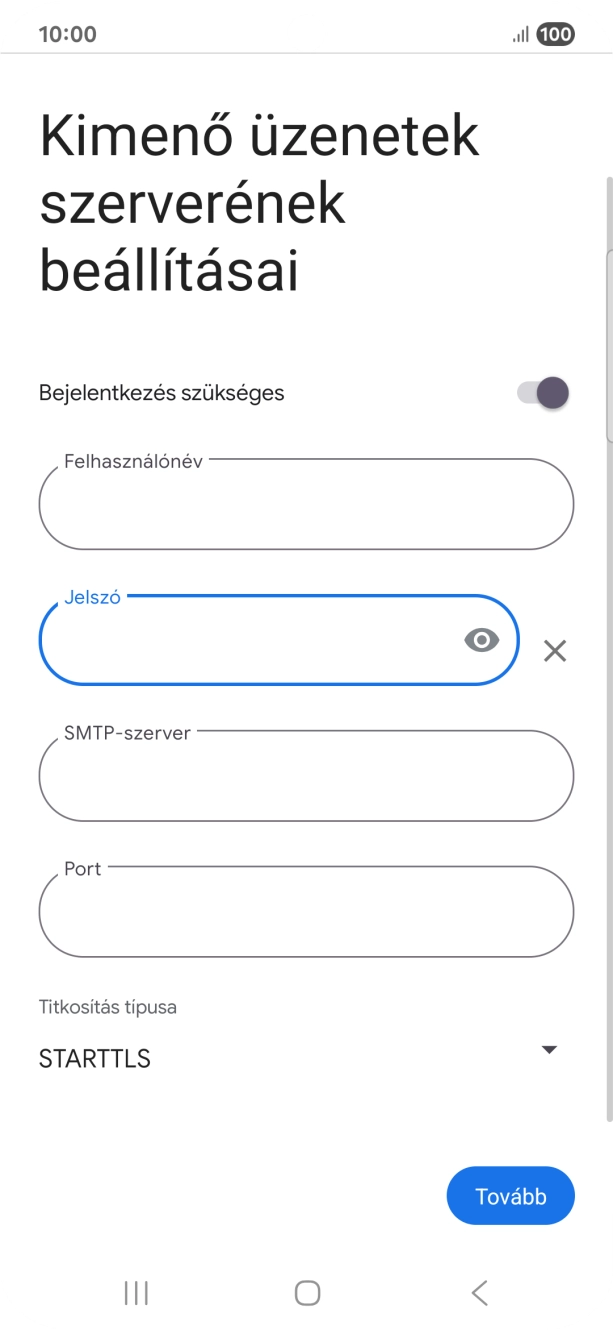 Kattints az „SMTP-szerver” alatti mezőre, és írd be az e-mail szolgáltatód kimenő szerverének a nevét.