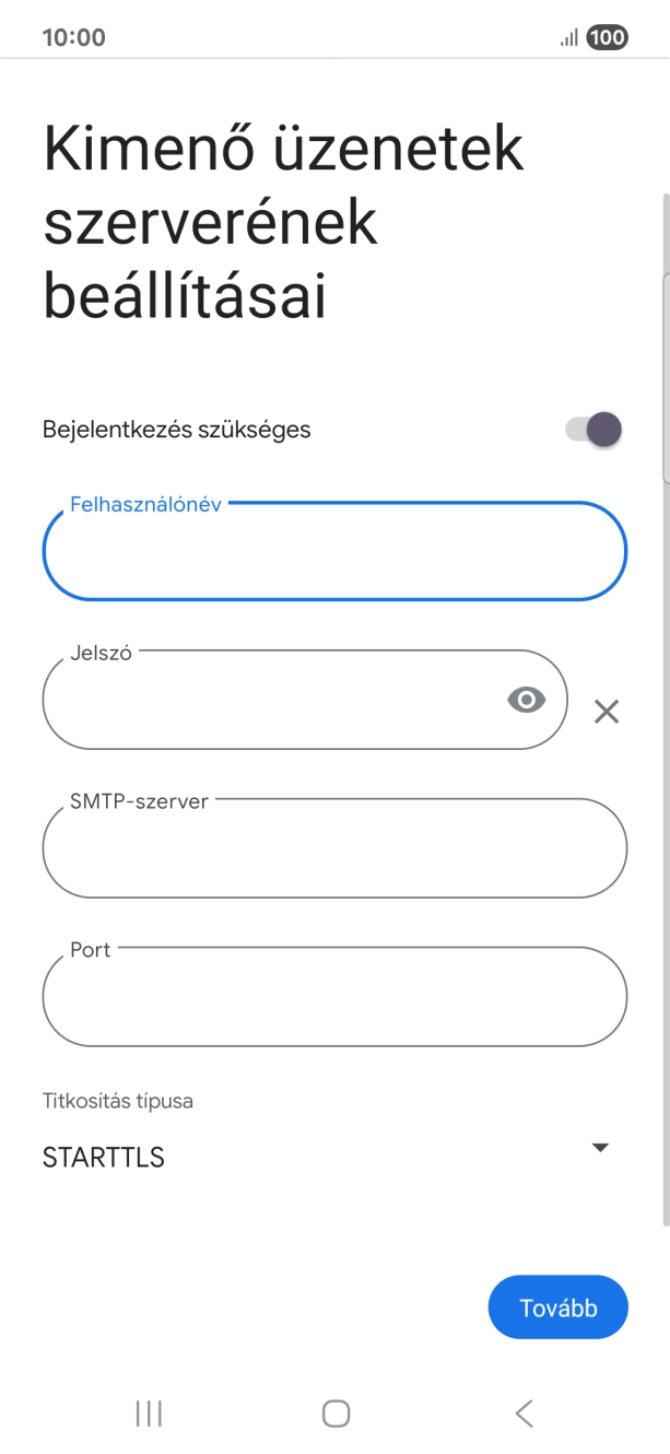 Kattints a „Jelszó” alatti mezőre, és írd be az e-mail szolgáltatód kimenő szerverének jelszavát.
