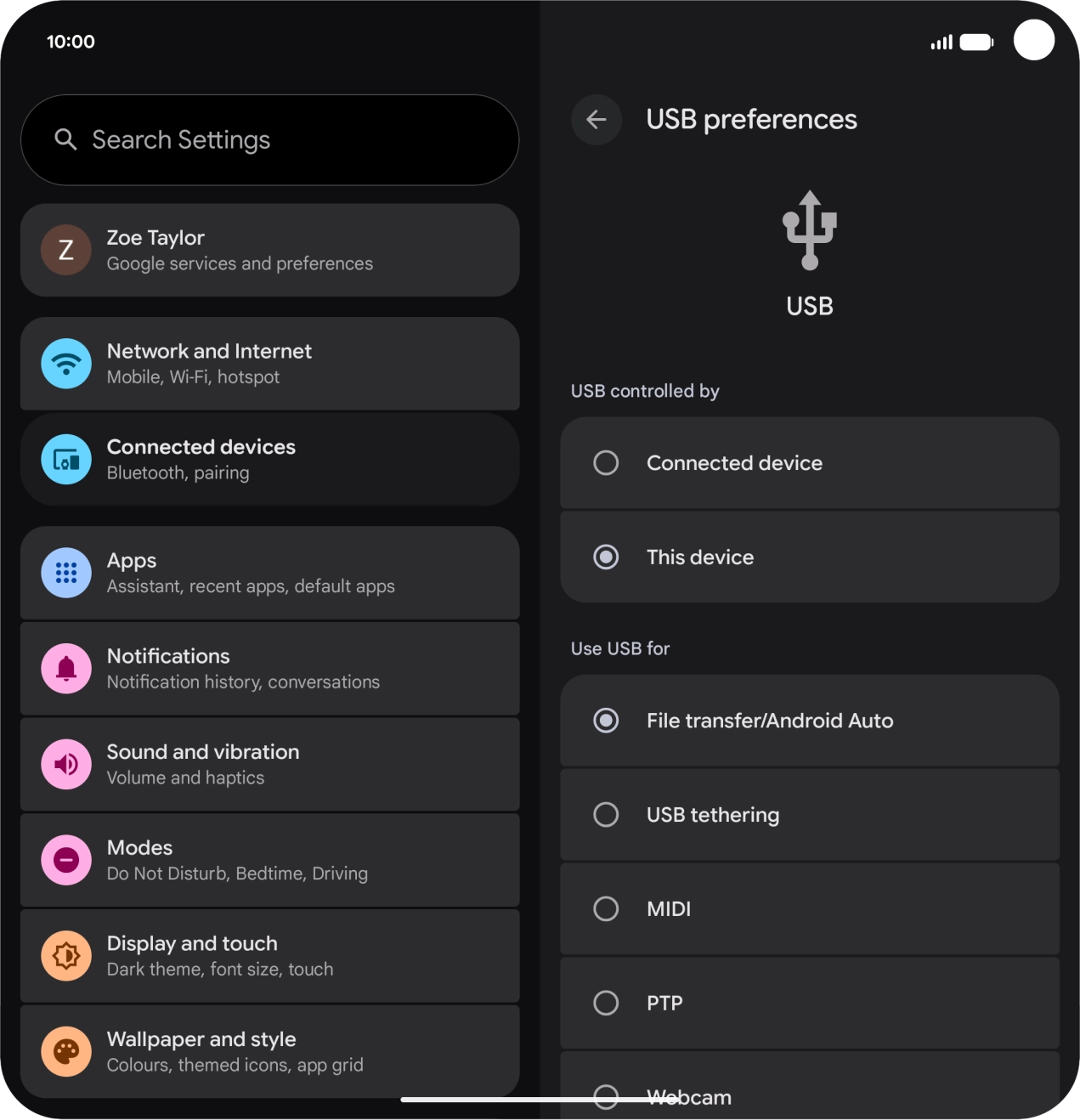 Press File transfer/Android Auto. Press File transfer/Android Auto.
