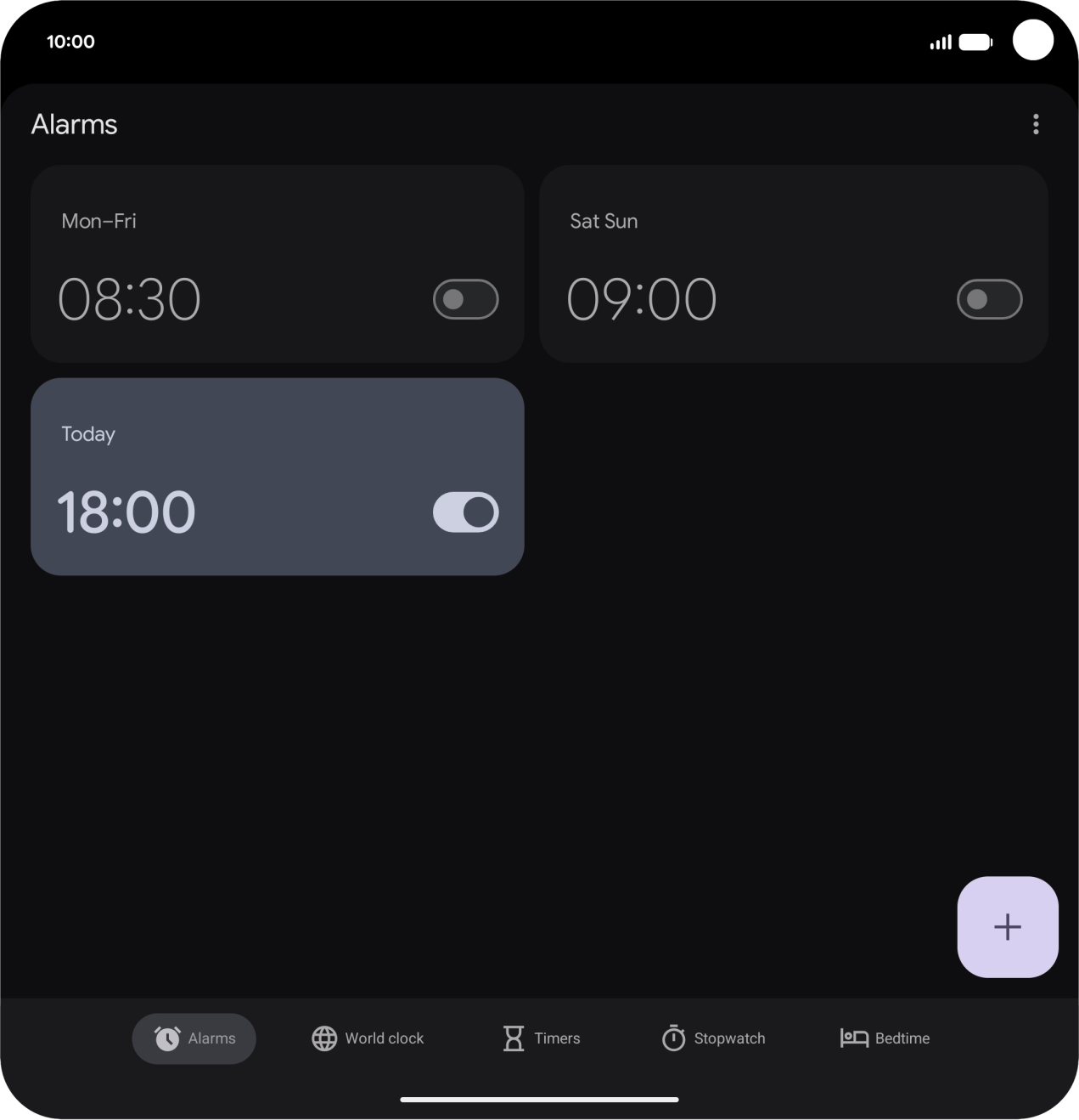 Press the indicator next to the required alarm to turn the alarm on or off.