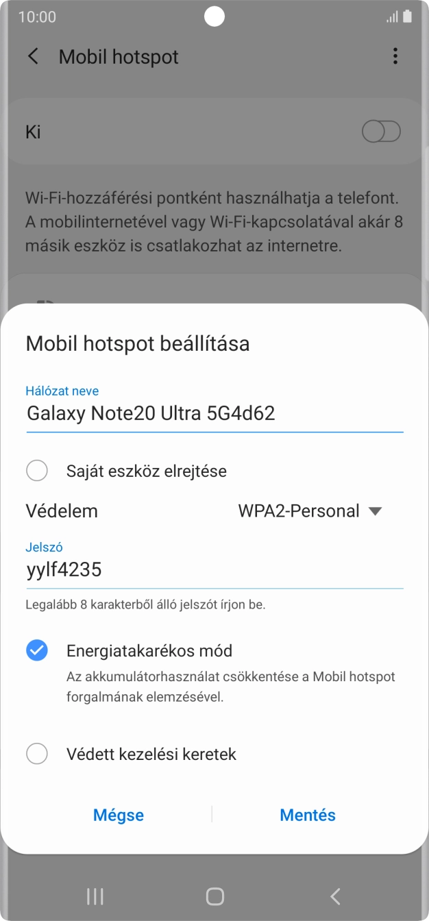 Kattints a „Hálózat neve” alatti mezőre, és írd be a Wi-Fi hotspot kívánt nevét. Kattints a „Hálózat neve” alatti mezőre, és írd be a Wi-Fi hotspot kívánt nevét.