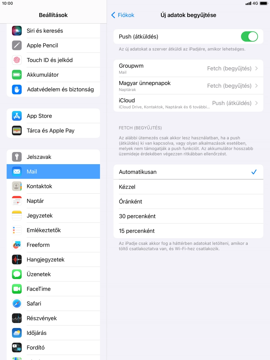Kattints a „Push (átküldés)” melletti csúszkára a funkció be- vagy kikapcsolásához.
