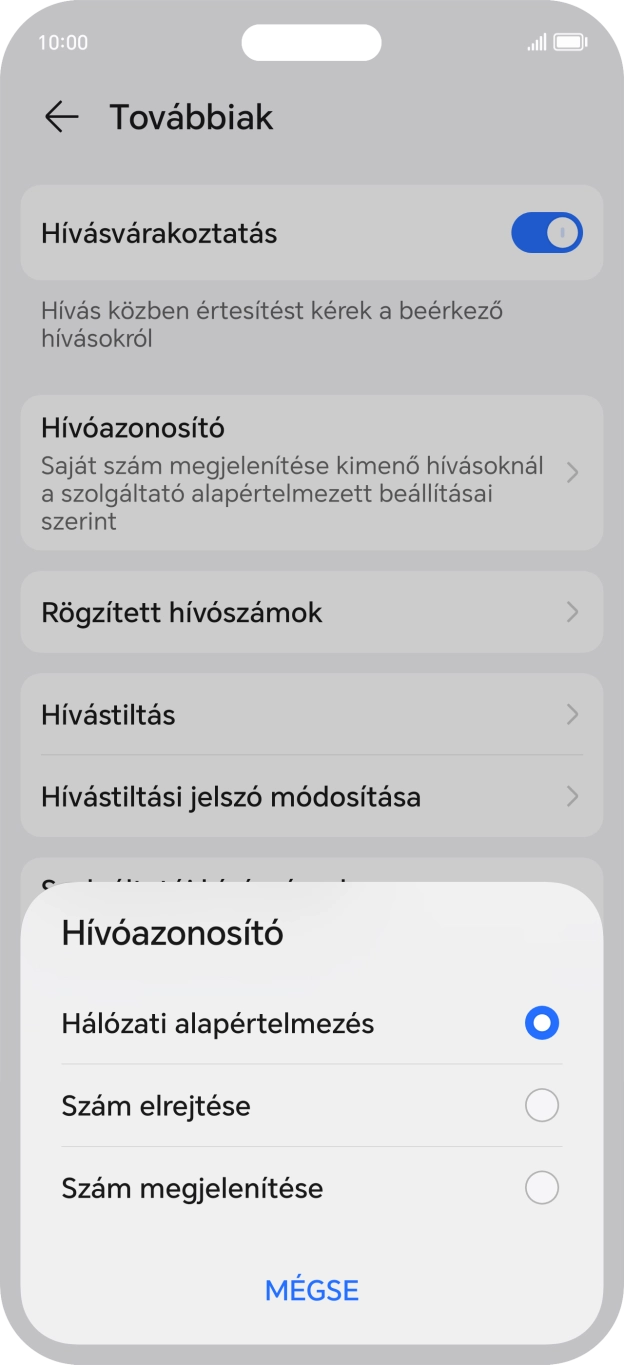 Válaszd a Szám megjelenítése lehetőséget a hívószámküldés bekapcsolásához.