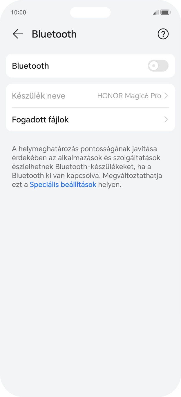 Kattints a „Bluetooth” melletti csúszkára a funkció bekapcsolásához. Kattints a „Bluetooth” melletti csúszkára a funkció bekapcsolásához.