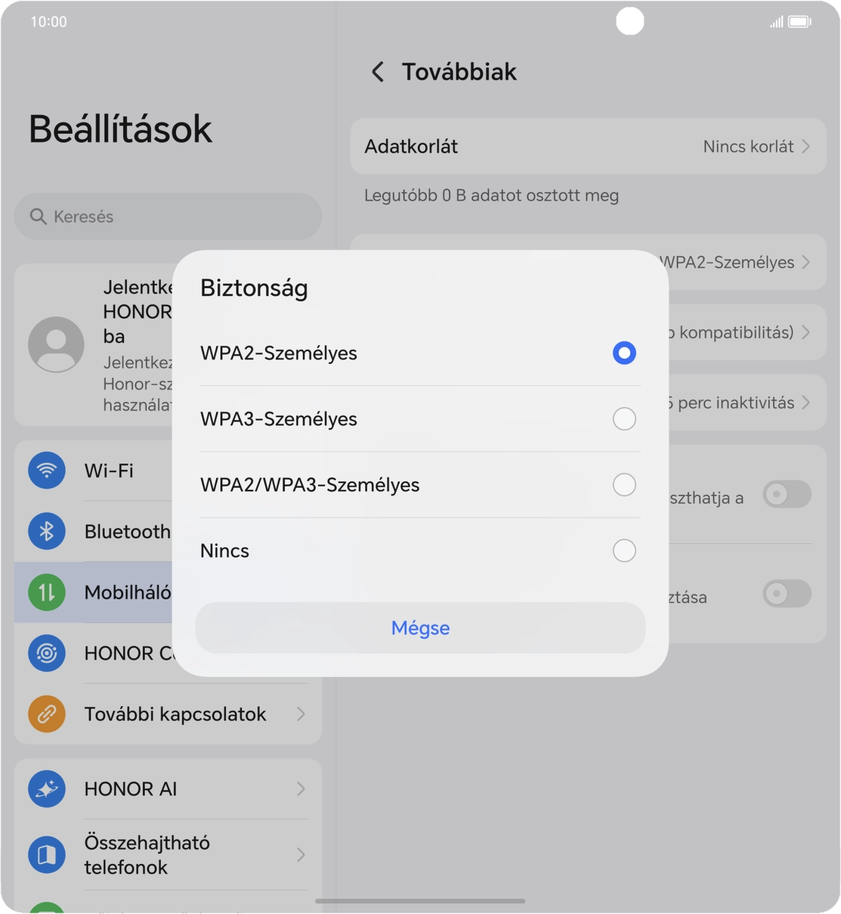 Válaszd a WPA3-Személyes lehetőséget, ha jelszóval szeretnéd védeni a Wi-Fi-hotspotodat.