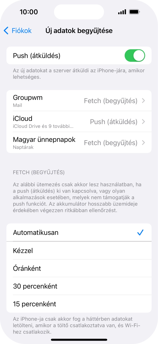 Kattints a „Push (átküldés)” melletti csúszkára a funkció be- vagy kikapcsolásához.