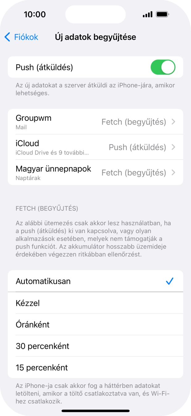 Kattints a „Push (átküldés)” melletti csúszkára a funkció be- vagy kikapcsolásához.
