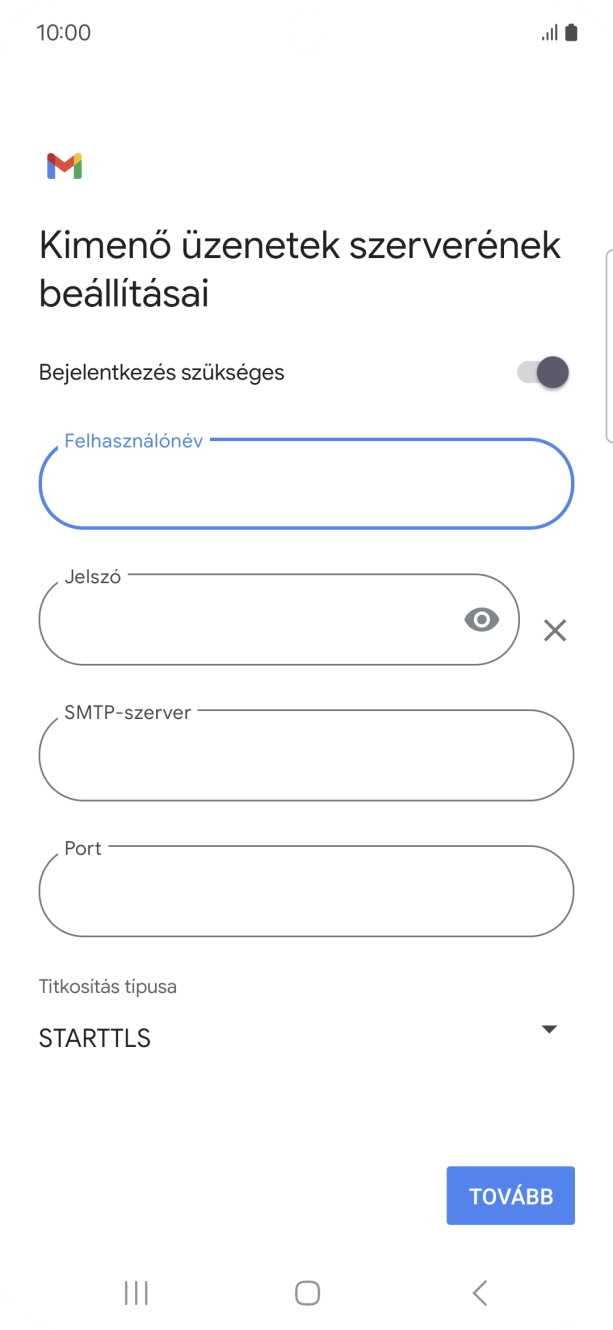 Kattints a „Jelszó” alatti mezőre, és írd be az e-mail szolgáltatód kimenő szerverének jelszavát.
