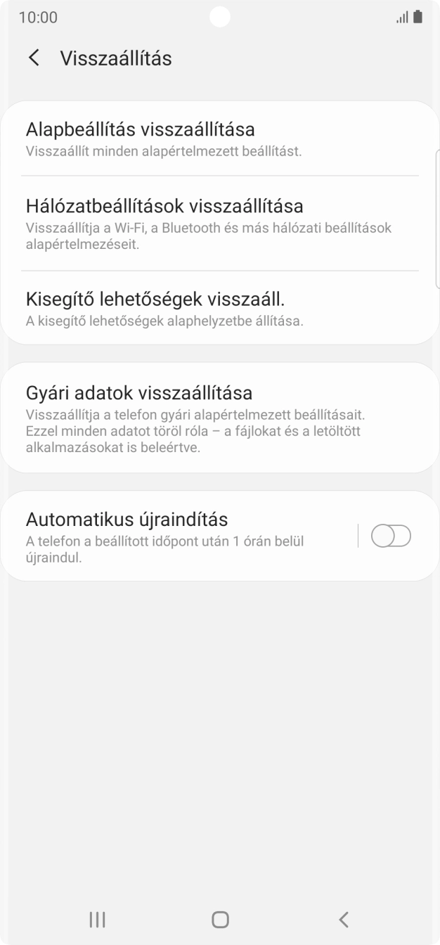 Válaszd a Gyári adatok visszaállítása lehetőséget. Válaszd a Gyári adatok visszaállítása lehetőséget.