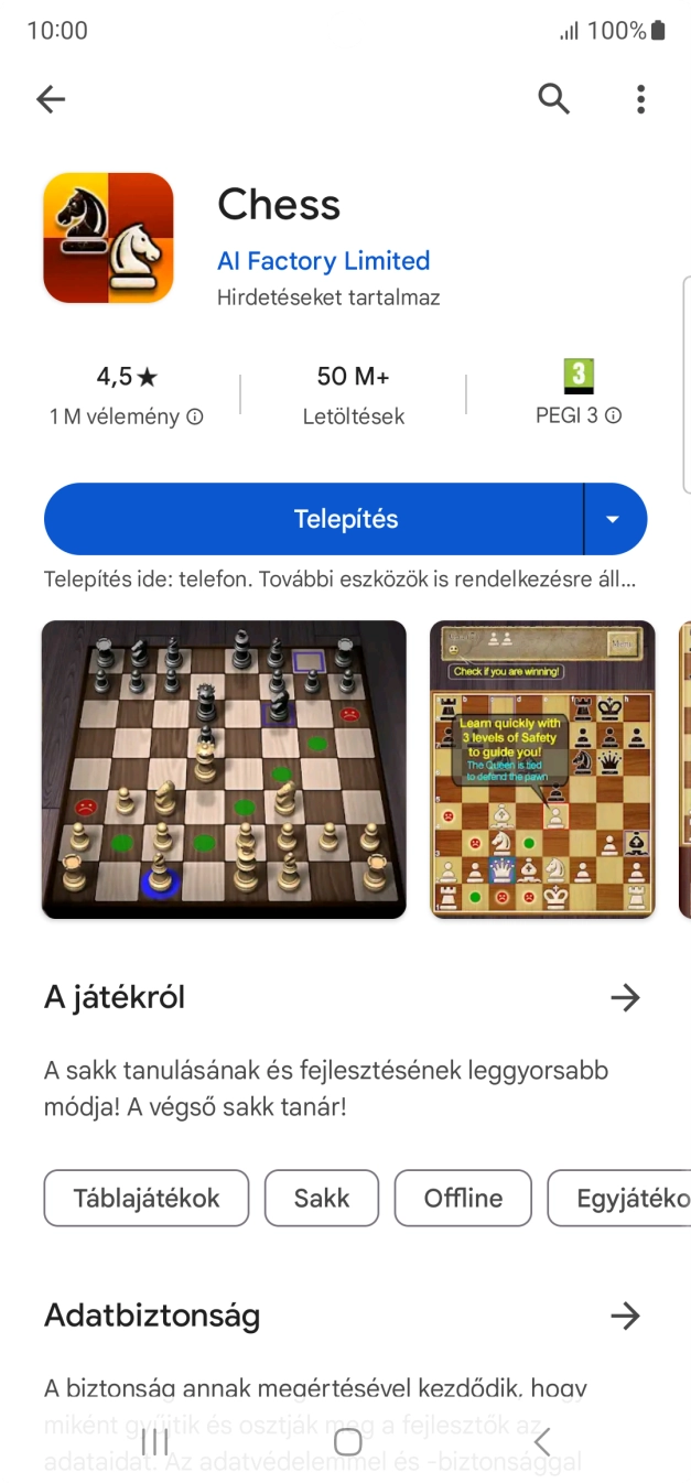 Válaszd a Telepítés lehetőséget, és kövesd a képernyőn megjelenő utasításokat az alkalmazás telepítéséhez. Válaszd a Telepítés lehetőséget, és kövesd a képernyőn megjelenő utasításokat az alkalmazás telepítéséhez.
