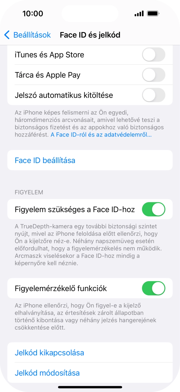 Válaszd a Jelkód kikapcsolása lehetőséget a funkció be- vagy kikapcsolásához.
