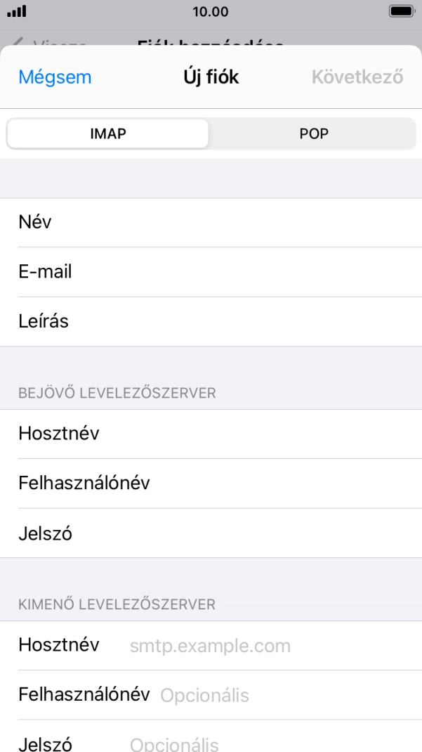 Kattints a Hosztnév mezőre, és írd be az e-mail szolgáltatód kimenő szerverének a nevét.