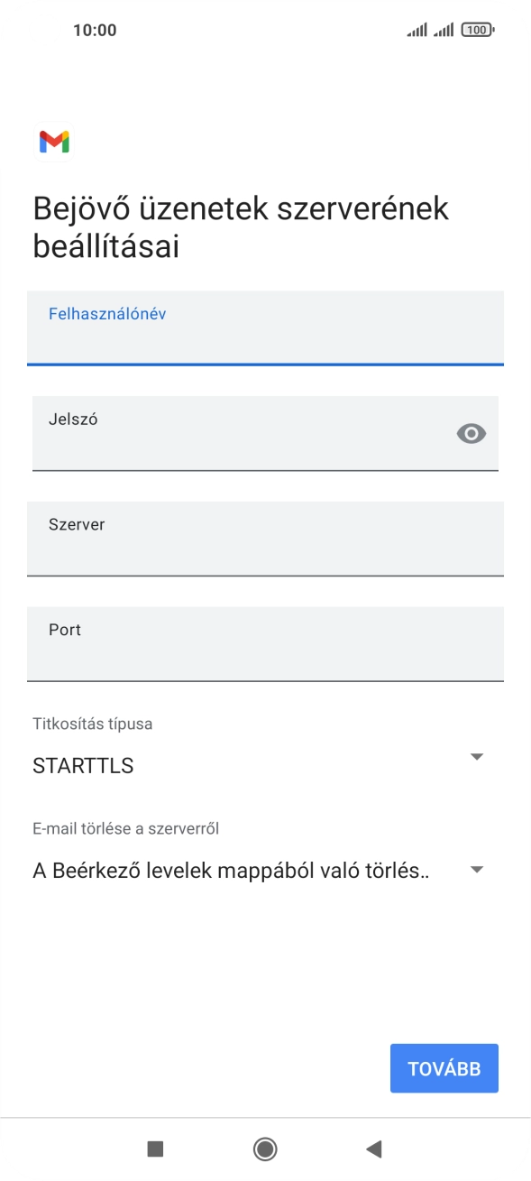 Kattints a „Szerver” alatti mezőre, és írd be az e-mail szolgáltatód bejövő szerverének a nevét.