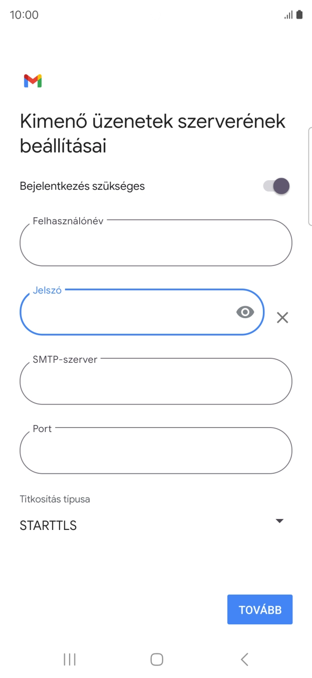Kattints az „SMTP-szerver” alatti mezőre, és írd be az e-mail szolgáltatód kimenő szerverének a nevét.