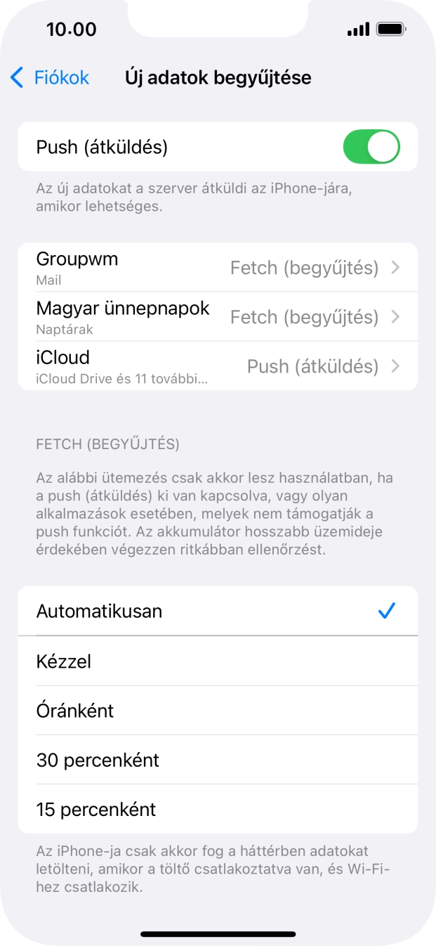 Kattints a „Push (átküldés)” melletti csúszkára a funkció be- vagy kikapcsolásához.
