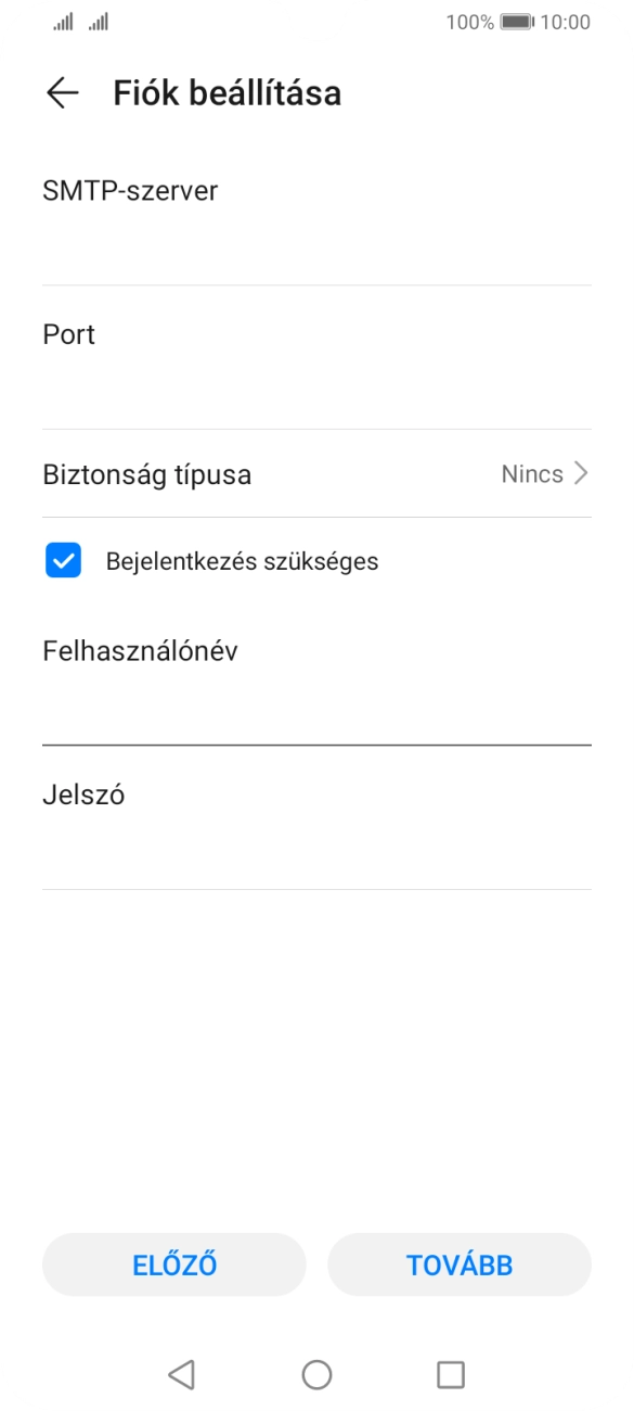 Kattints a „Jelszó” alatti mezőre, és írd be az e-mail szolgáltatód kimenő szerverének jelszavát.