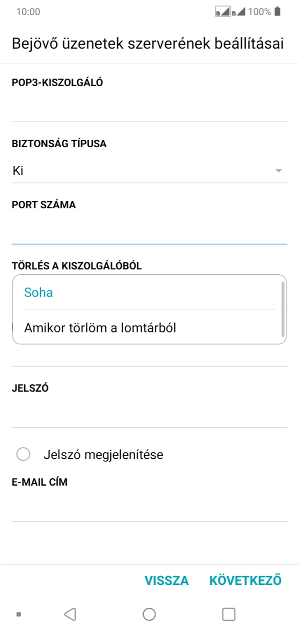 Válaszd a Soha lehetőséget ahhoz, hogy az e-mailek megtalálhatóak legyenek a szerveren, miután a telefonról törölted őket.