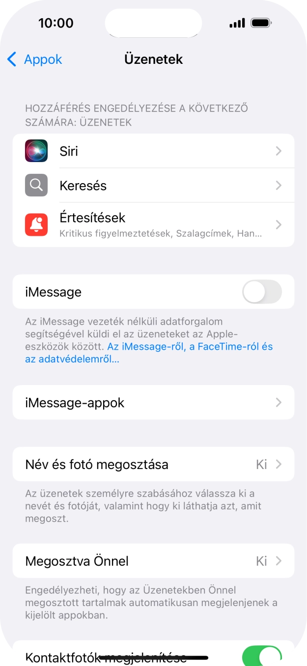 Kattints az „iMessage” melletti csúszkára a funkció bekapcsolásához. Kattints az „iMessage” melletti csúszkára a funkció bekapcsolásához.