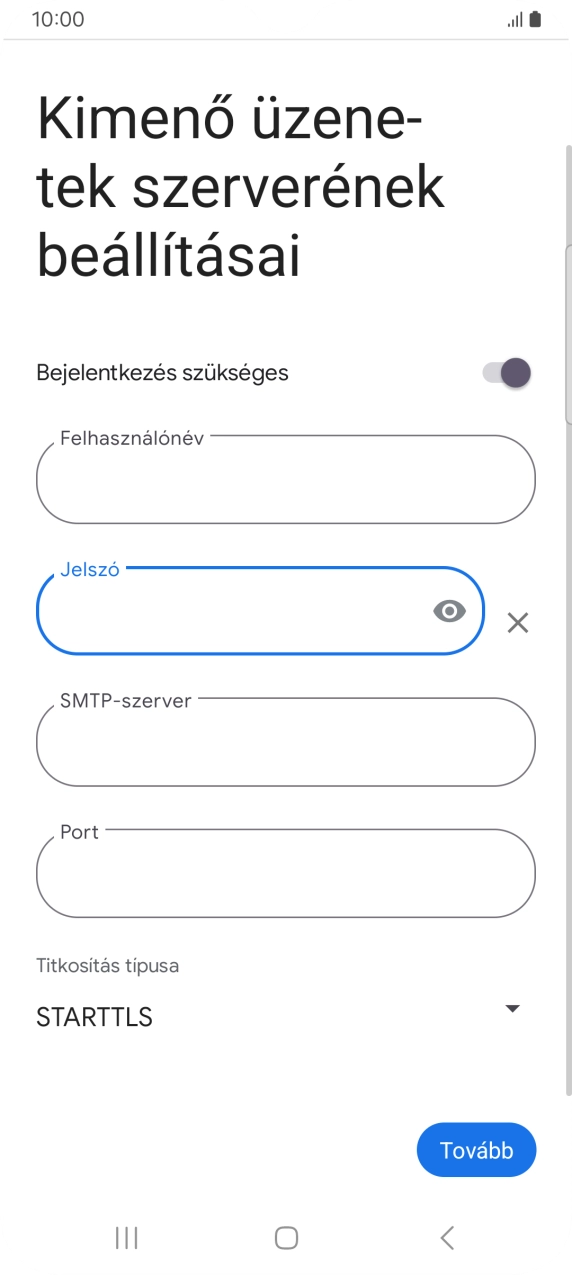 Kattints az „SMTP-szerver” alatti mezőre, és írd be az e-mail szolgáltatód kimenő szerverének a nevét.