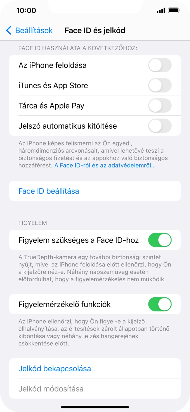 Válaszd a Jelkód bekapcsolása lehetőséget, és írj be kétszer egymás után egy tetszőleges képernyőzárkódot. Válaszd a Jelkód bekapcsolása lehetőséget, és írj be kétszer egymás után egy tetszőleges képernyőzárkódot.