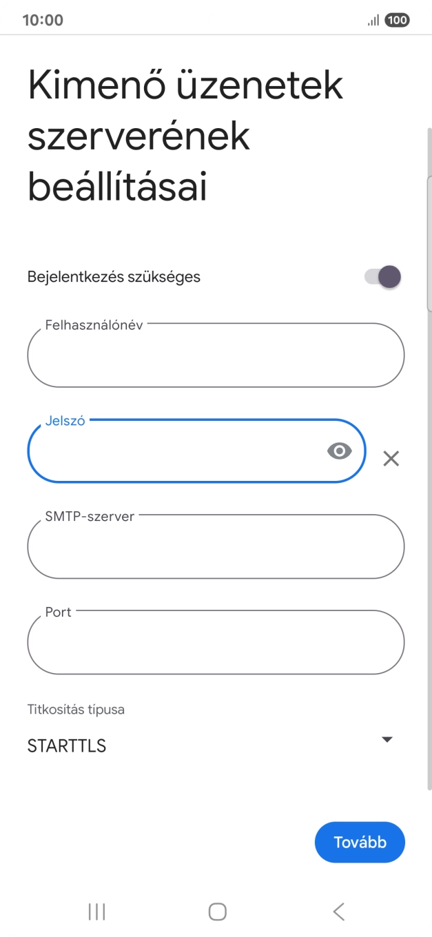 Kattints az „SMTP-szerver” alatti mezőre, és írd be az e-mail szolgáltatód kimenő szerverének a nevét.