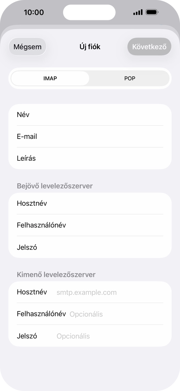 Kattints a Hosztnév mezőre, és írd be az e-mail szolgáltatód kimenő szerverének a nevét.