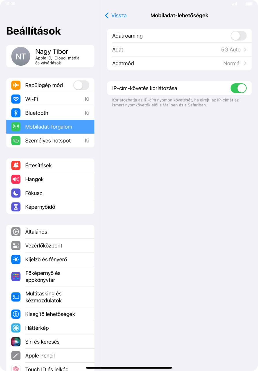 Kattints az „Adatroaming” melletti csúszkára a funkció be- vagy kikapcsolásához.