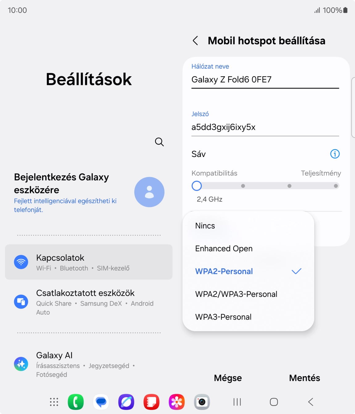 Válaszd a WPA3-Personal lehetőséget, ha jelszóval szeretnéd védeni a Wi-Fi hotspotodat.