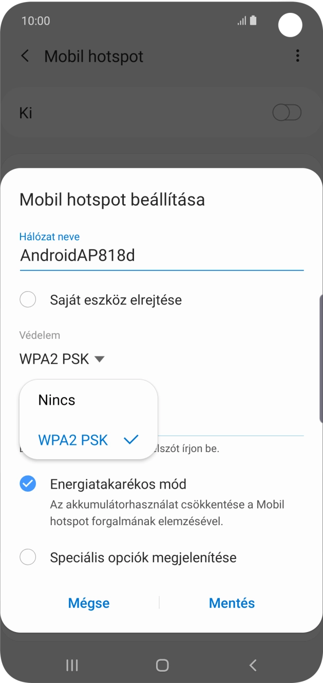 Válaszd a WPA2 PSK lehetőséget, ha jelszóval szeretnéd védeni a Wi-Fi hotspotodat. Válaszd a WPA2 PSK lehetőséget, ha jelszóval szeretnéd védeni a Wi-Fi hotspotodat.
