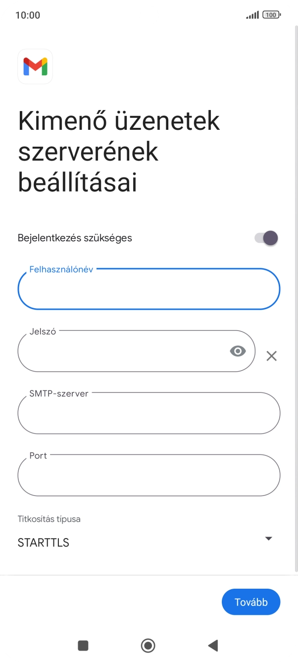 Kattints a „Jelszó” alatti mezőre, és írd be az e-mail szolgáltatód kimenő szerverének jelszavát.