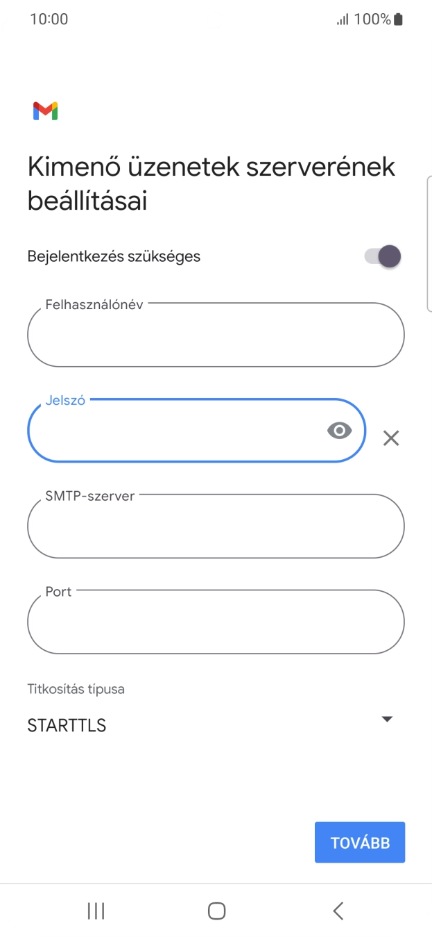 Kattints az „SMTP-szerver” alatti mezőre, és írd be az e-mail szolgáltatód kimenő szerverének a nevét.