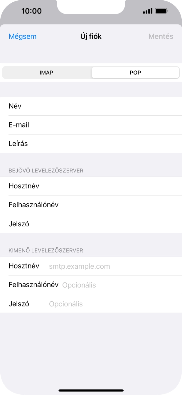 Kattints a Hosztnév mezőre, és írd be az e-mail szolgáltatód kimenő szerverének a nevét.