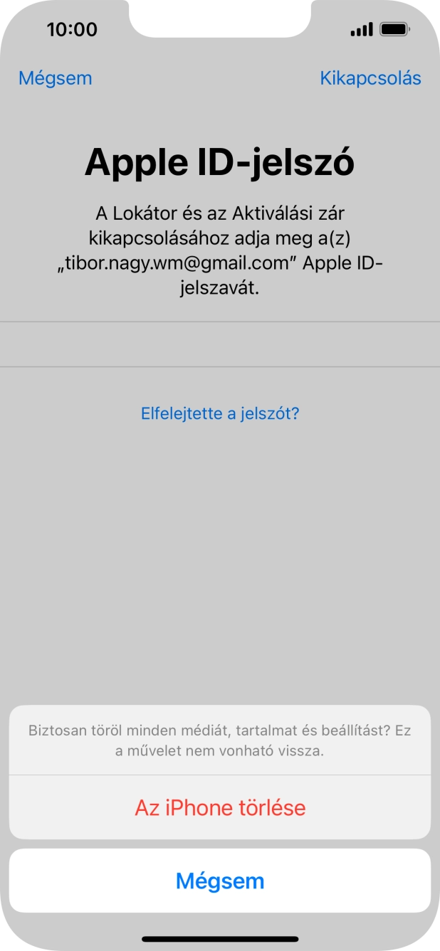 Írd be az Apple ID-hoz tartózó jelszót, és válaszd Az iPhone törlése lehetőséget. Várj egy kicsit, amíg a telefon visszaállítja a gyári beállításokat. A telefon konfigurálásához és ahhoz, hogy üzemkész állapotba hozd, kövesd a képernyőn megjelenő utasításokat. Írd be az Apple ID-hoz tartózó jelszót, és válaszd Az iPhone törlése lehetőséget. Várj egy kicsit, amíg a telefon visszaállítja a gyári beállításokat. A telefon konfigurálásához és ahhoz, hogy üzemkész állapotba hozd, kövesd a képernyőn megjelenő utasításokat.