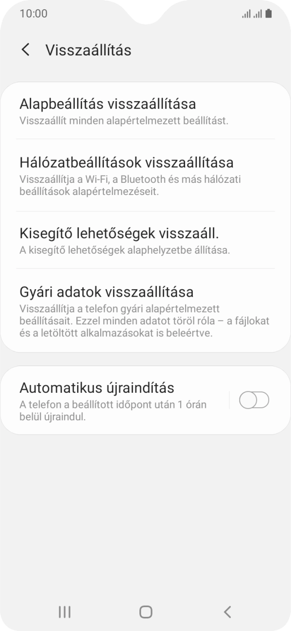 Válaszd a Gyári adatok visszaállítása lehetőséget. Válaszd a Gyári adatok visszaállítása lehetőséget.