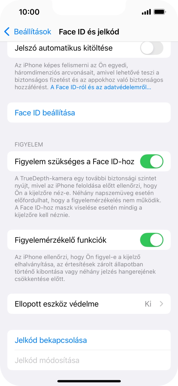 Válaszd a Jelkód bekapcsolása lehetőséget, és írj be kétszer egymás után egy tetszőleges képernyőzárkódot. Válaszd a Jelkód bekapcsolása lehetőséget, és írj be kétszer egymás után egy tetszőleges képernyőzárkódot.