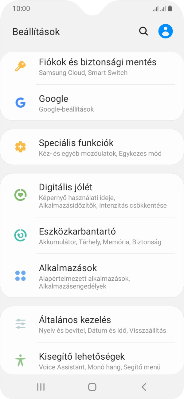 Válaszd a Fiókok és biztonsági mentés lehetőséget.