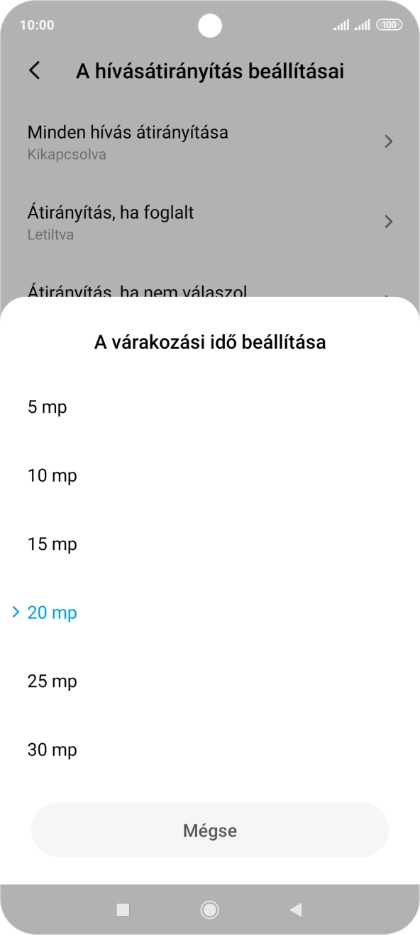 Ahhoz, hogy átirányítsd a nem fogadott hívásokat, be kell állítanod az átirányítás késleltetésének idejét. Válaszd ki a kívánt késleltetési időtartamot, és kövesd a kijelzőn megjelenő utasításokat az átirányítás késleltetésének beállításához. Ahhoz, hogy átirányítsd a nem fogadott hívásokat, be kell állítanod az átirányítás késleltetésének idejét. Válaszd ki a kívánt késleltetési időtartamot, és kövesd a kijelzőn megjelenő utasításokat az átirányítás késleltetésének beállításához.