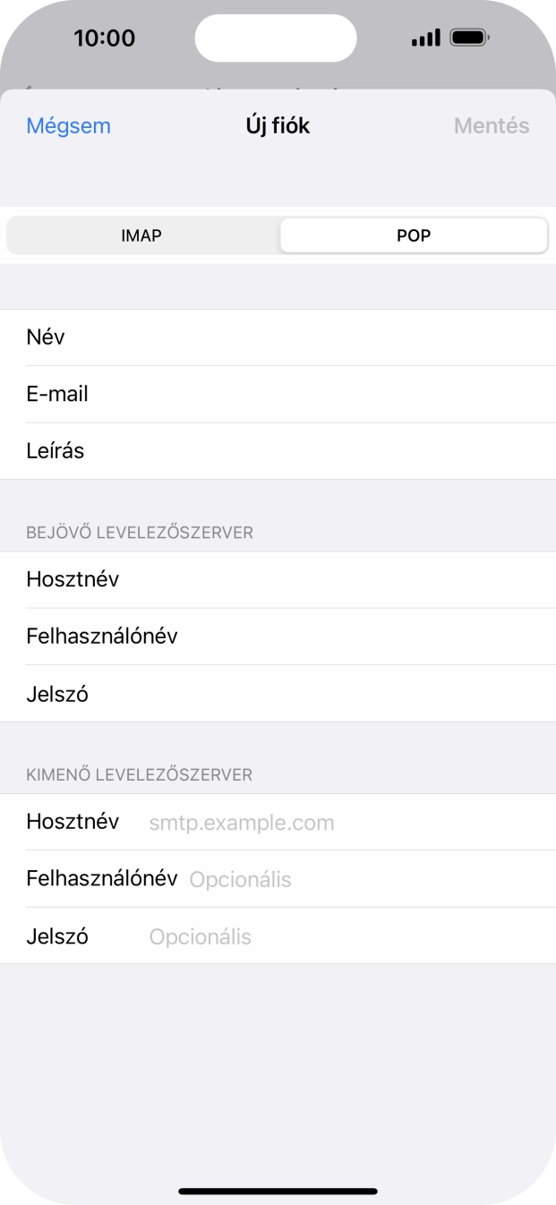 Kattints a Hosztnév mezőre, és írd be az e-mail szolgáltatód kimenő szerverének a nevét.