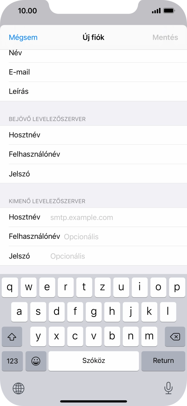 Kattints a Hosztnév mezőre, és írd be az e-mail szolgáltatód kimenő szerverének a nevét.