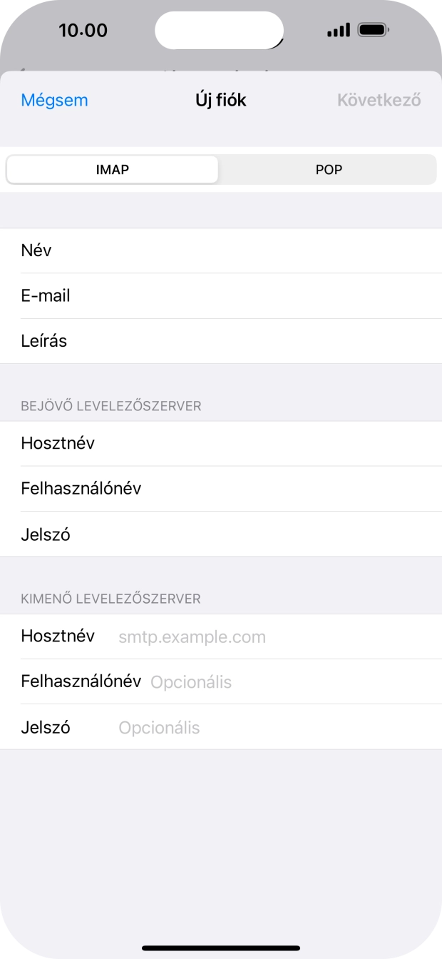Kattints a Hosztnév mezőre, és írd be az e-mail szolgáltatód kimenő szerverének a nevét.