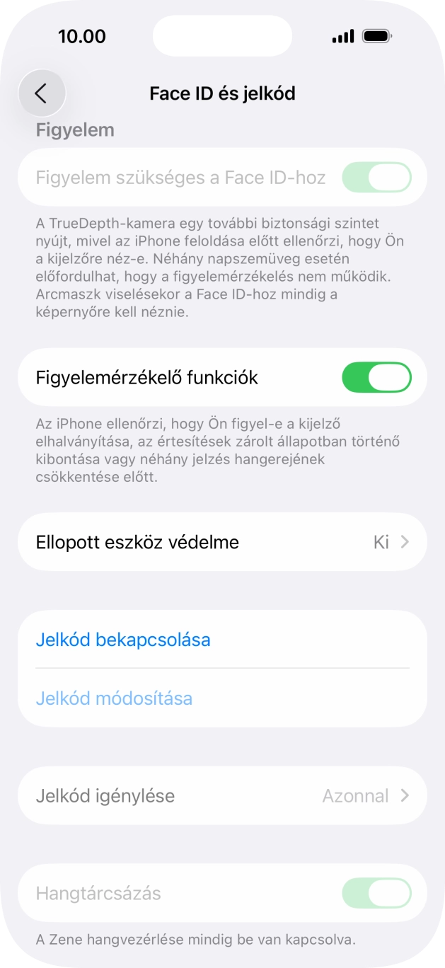 Válaszd a Jelkód bekapcsolása lehetőséget, és írj be kétszer egymás után egy tetszőleges képernyőzárkódot.