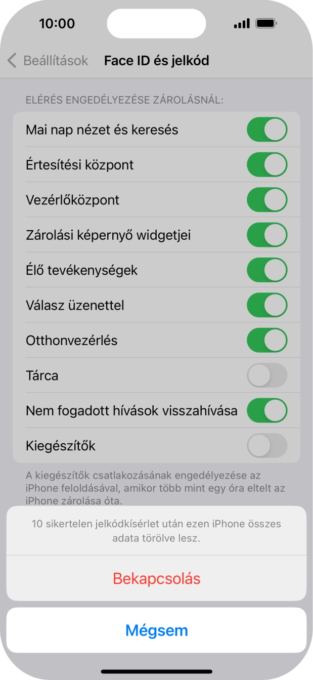 Válaszd a Bekapcsolás lehetőséget, és írd be a képernyőzárkódot.