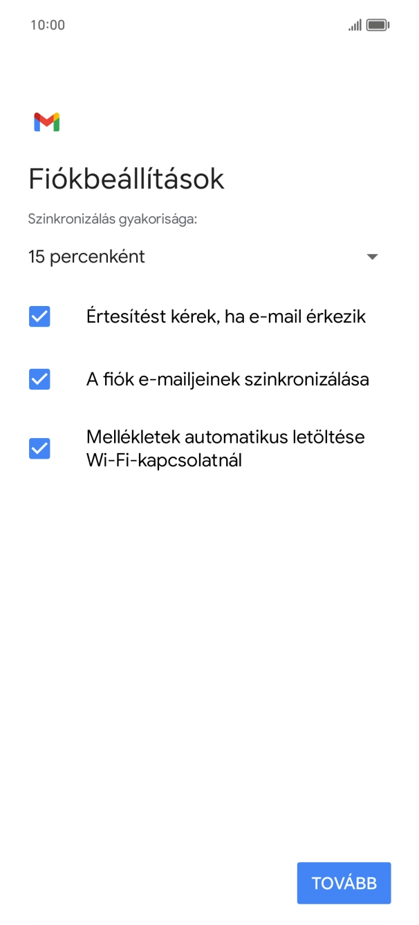 Amennyiben a kijelzőn ez a képernyőkép látható, az e-mail-fiókodat felismerte a rendszer, és automatikusan beállította. Kövesd a képernyőn megjelenő utasításokat  további adatok csatolásához, és fejezd be az új fiók létrehozását.