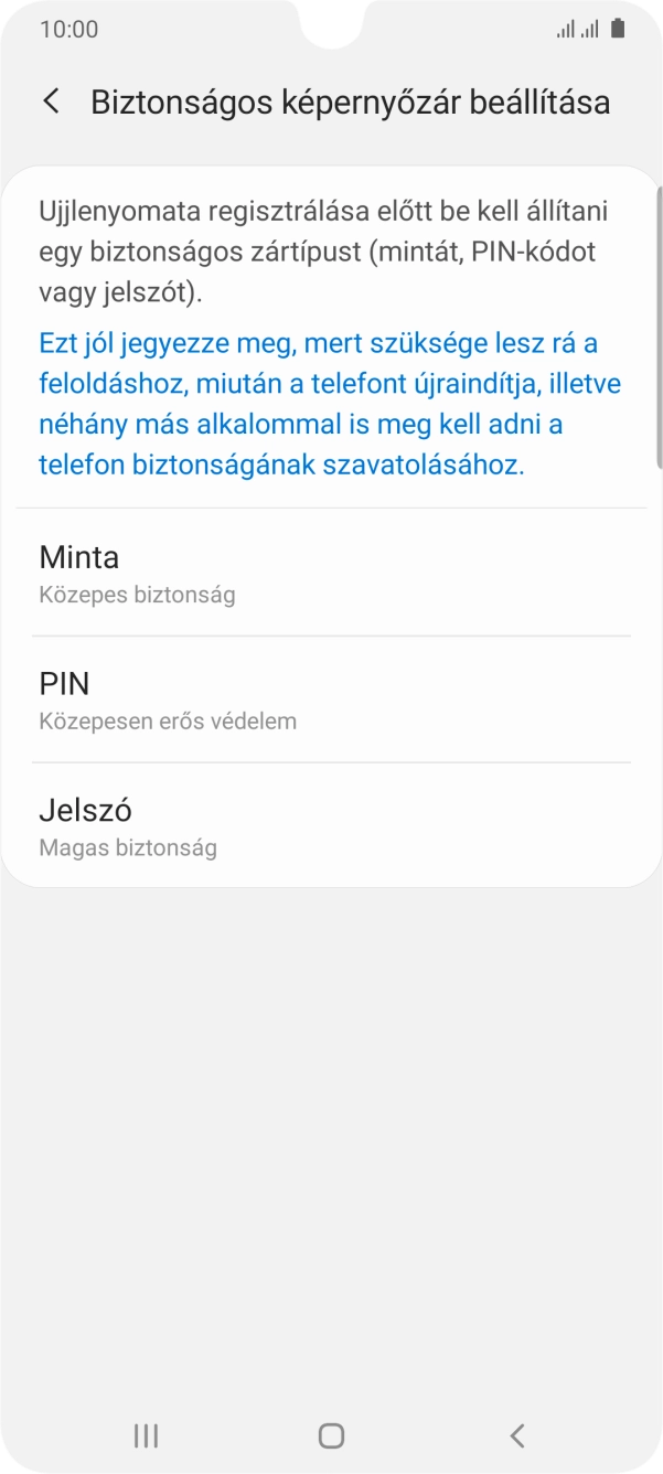 Válaszd ki a kívánt képernyőzárkódot, és kövesd a kijelzőn megjelenő utasításokat egy extra képernyőzár létrehozásához. Válaszd ki a kívánt képernyőzárkódot, és kövesd a kijelzőn megjelenő utasításokat egy extra képernyőzár létrehozásához.