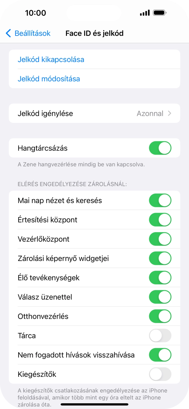 Válaszd a Jelkód kikapcsolása lehetőséget a funkció be- vagy kikapcsolásához.