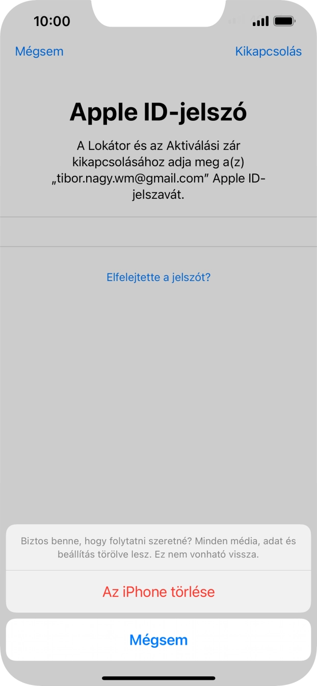 Írd be az Apple ID-hoz tartózó jelszót, és válaszd Az iPhone törlése lehetőséget. Várj egy kicsit, amíg a telefon visszaállítja a gyári beállításokat. A telefon konfigurálásához és ahhoz, hogy üzemkész állapotba hozd, kövesd a képernyőn megjelenő utasításokat.
