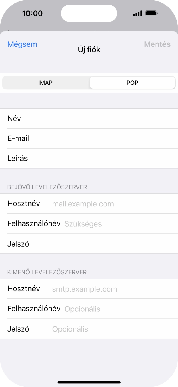 Kattints a Hosztnév mezőre, és írd be az e-mail szolgáltatód bejövő szerverének a nevét.
