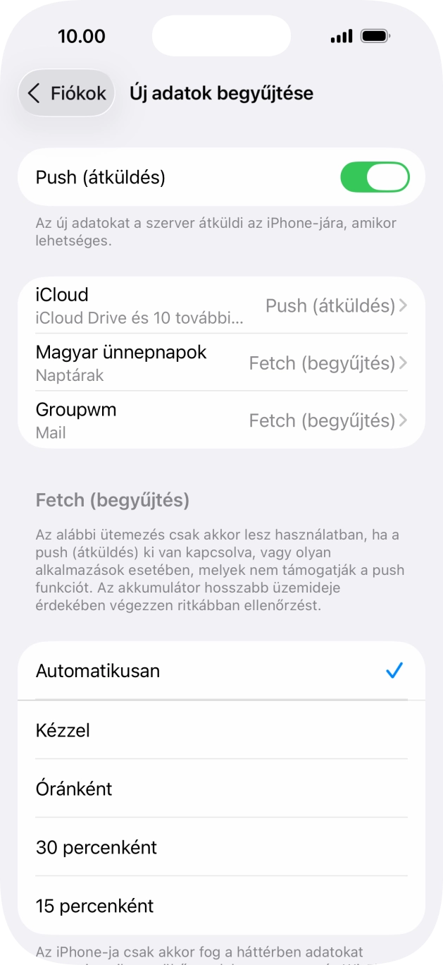 Kattints a „Push (átküldés)” melletti csúszkára a funkció be- vagy kikapcsolásához.