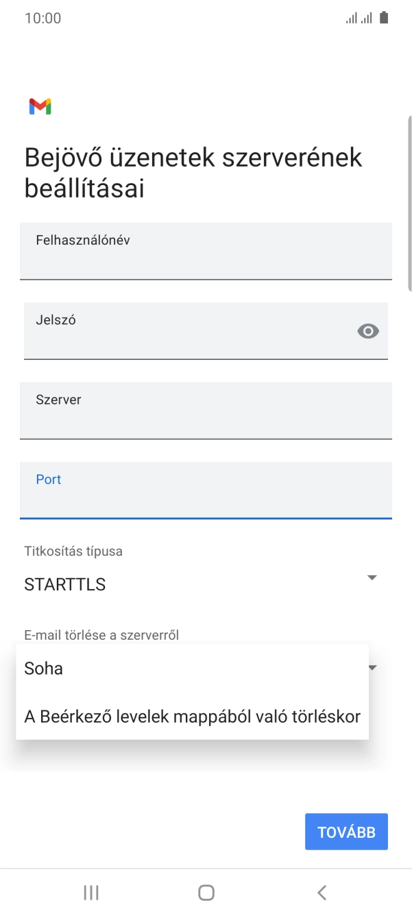 Válaszd a Soha lehetőséget ahhoz, hogy az e-mailek megtalálhatóak legyenek a szerveren, miután a telefonról törölted őket.